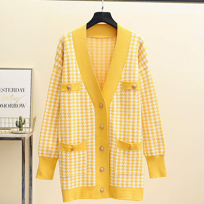 2021 Korean Version of Autumn and Winter Temperament V-neck Houndstooth Mid-length Knitted Cardigan Sweater Jacket Female Trend alx