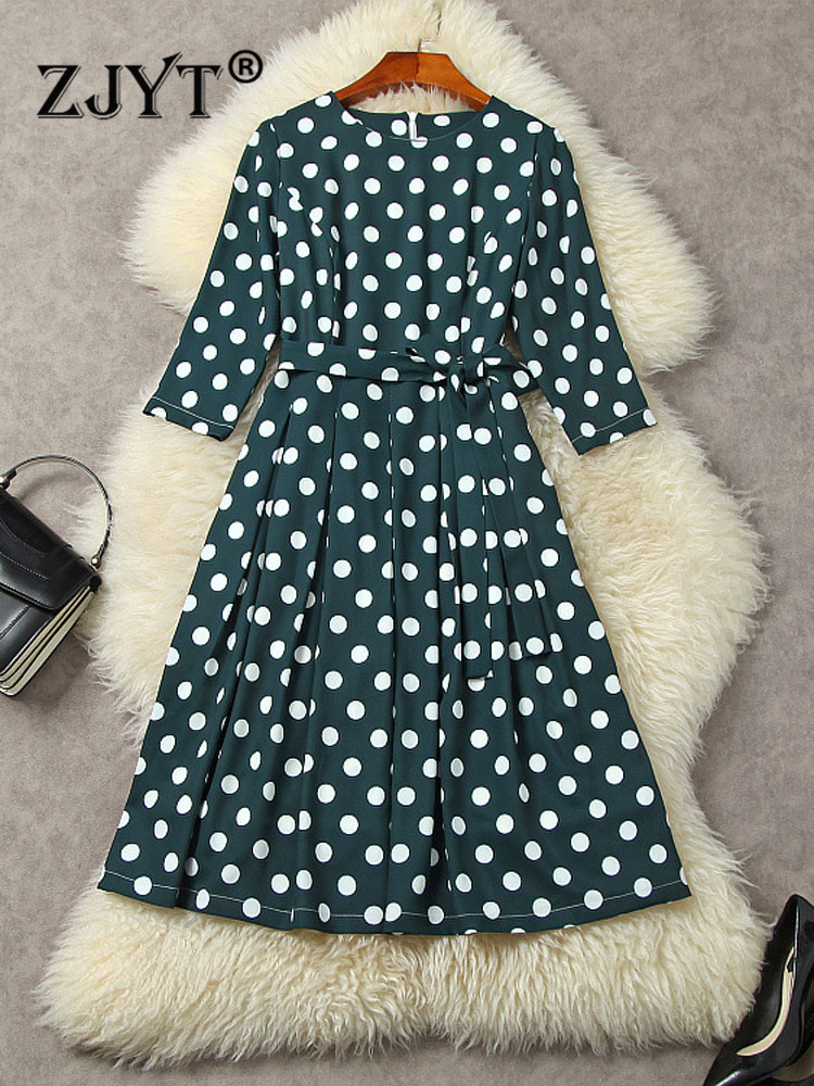 ZJYT Elegant Vintage Polka Dot Print Dress Women Autumn Clothes 2022 New Fashion Three Quarter Sleeve Casual Aline Vestido Green alx