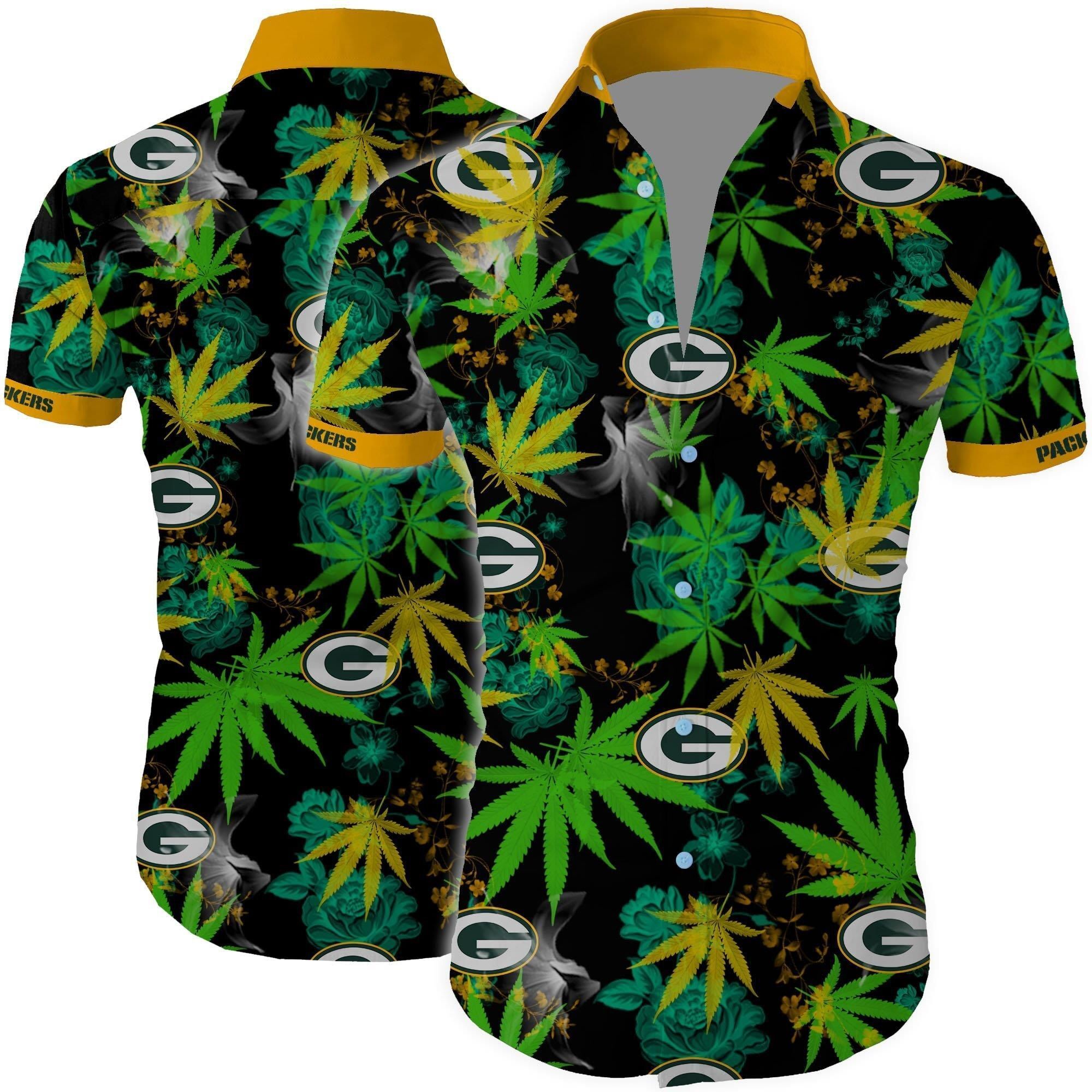 Green Bay Packers Cannabis All Over Printed Hawaiian Shirt White Men Women Beach Wear Short Sleeve Hawaii Shirt