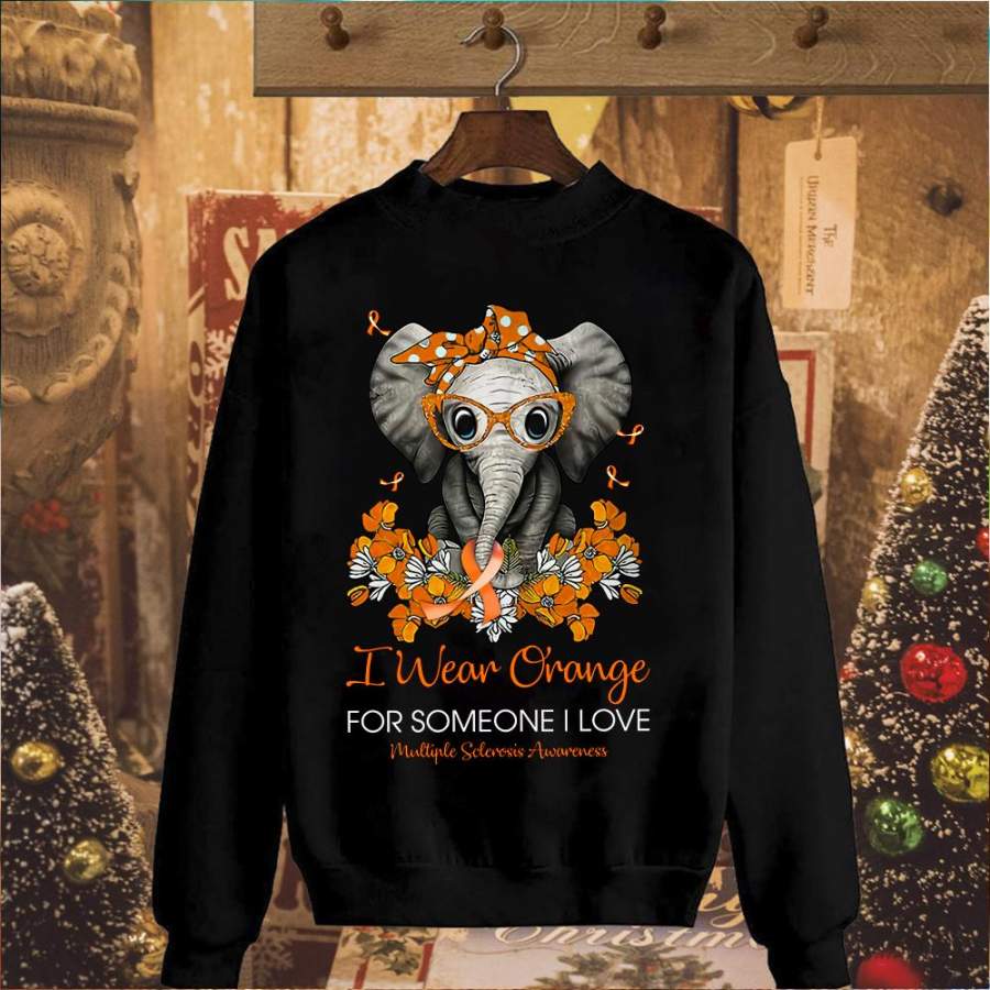 Mutiple sclerosis awearness cute elephant I wear orange for someone I love flower black sweatshirt for men and women S-5XL