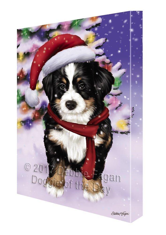 Winterland Wonderland Bernese Mountain Puppy Dog In Christmas Holiday Scenic Background Painting Printed On Canvas Wall Art