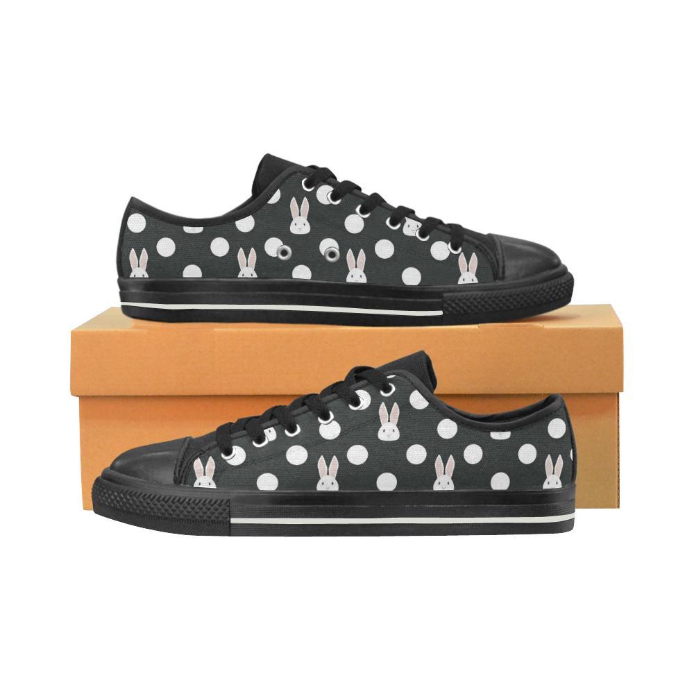 Cute White Rabbit Polka Dots Black Background Kid’S Low Top Canvas Shoes Black