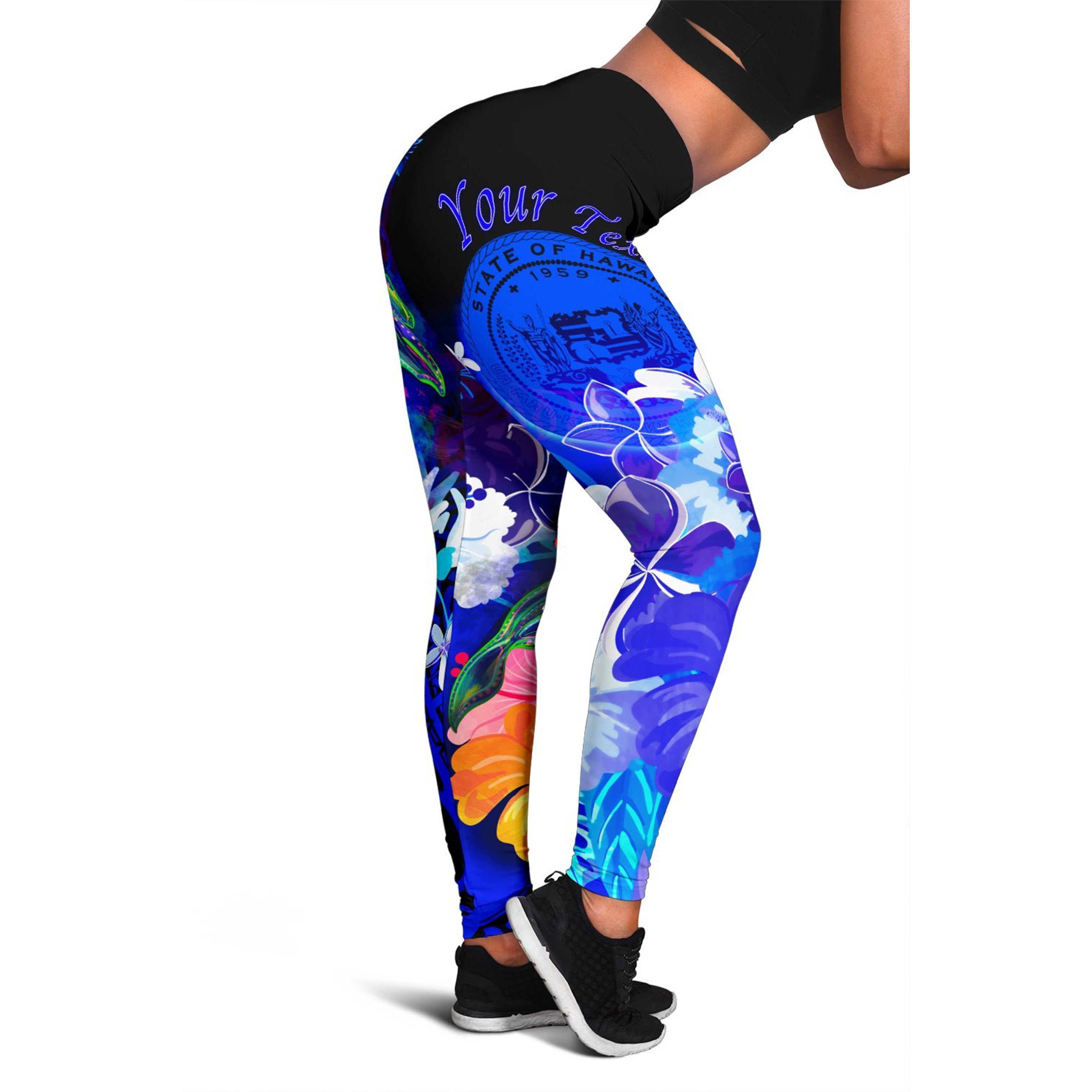 Polynesian Hawaii Custom Personalised Women’S Leggings – Humpback Whale With Tropical Flowers (Blue)