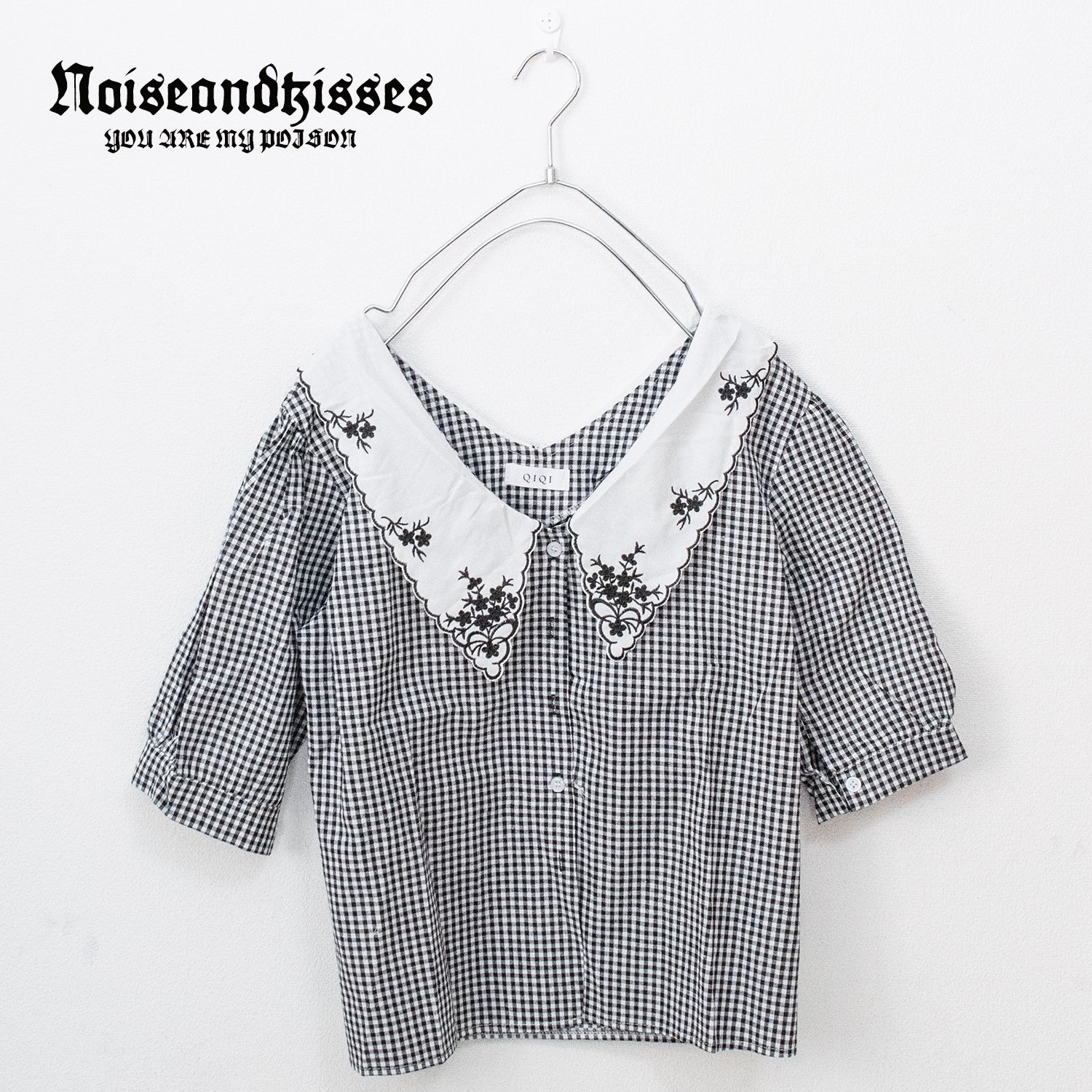 Flower Embroidery Collar Check S/S Shirt