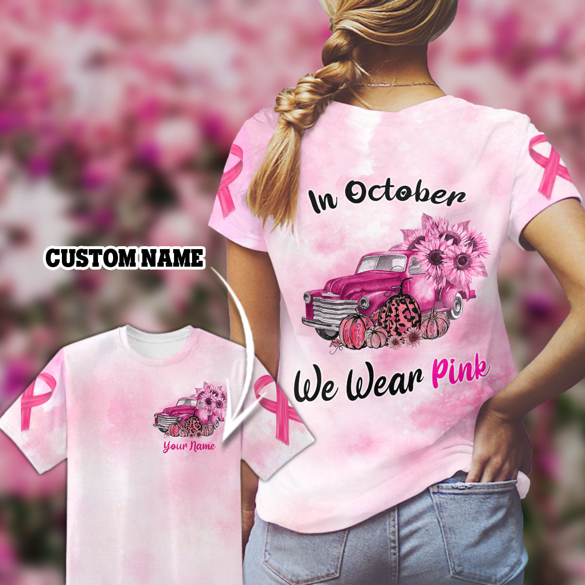 Truck Halloween Pumpkin In October We Wear Pink T-Shirt 3D Custom Ttm