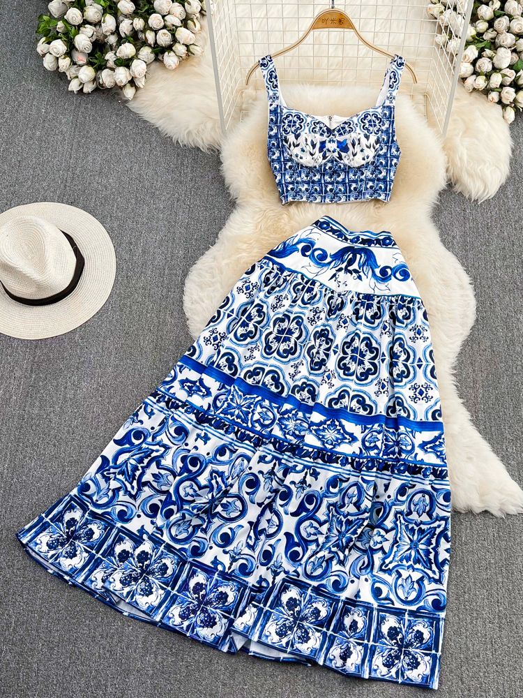 Summer Runway Blue And White Porcelain Outfits Women’s Short Spaghetti Strap Crop Top＋Long Maxi Skirt Vacation 2 Pieces Set alx