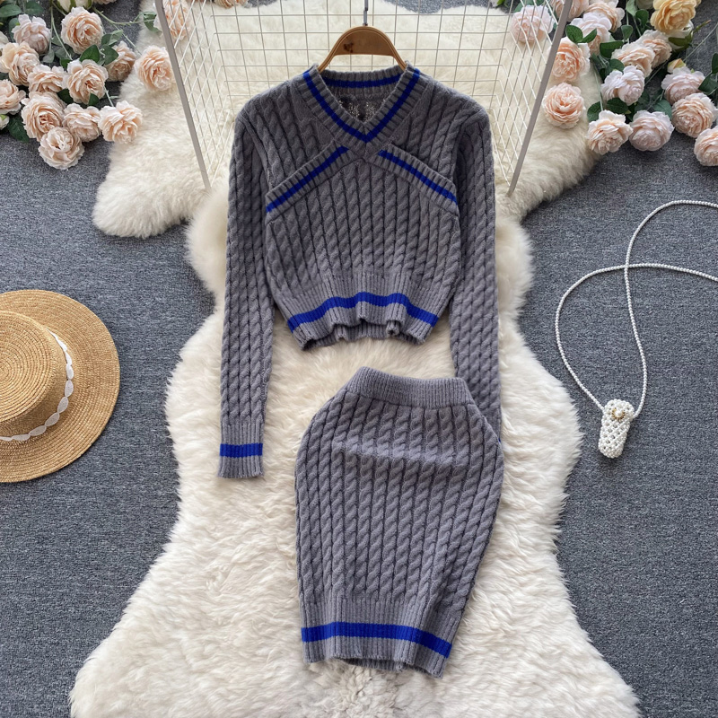 SINGREINY Striped Women Sweater Two Piece Suits Long Sleeve O Neck Short Tops Elastic Waist Mini Skirt Fashion Autumn Knit Sets alx