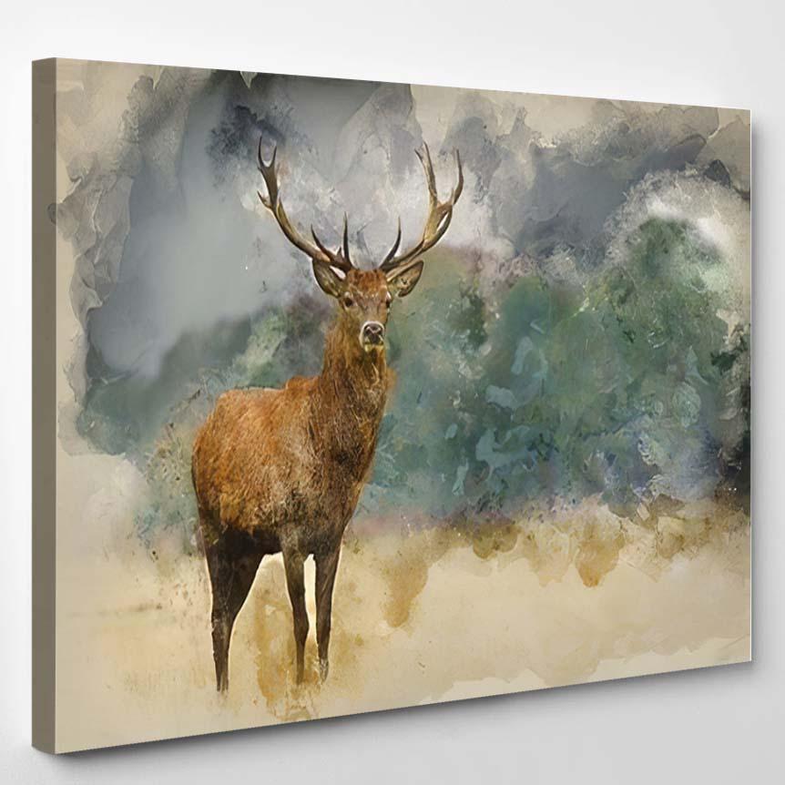 Watercolor Painting Portrait Majestic Powerful Adult – Deer Animals Canvas Print