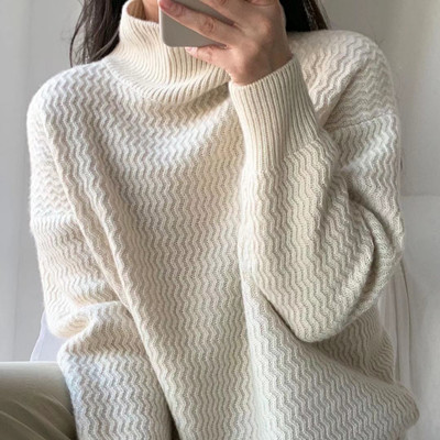 Turtleneck cashmere sweater women’s fall/winter new 100%pure wool high neck sweater loose lazy Korean Keep warm knitted pullover alx