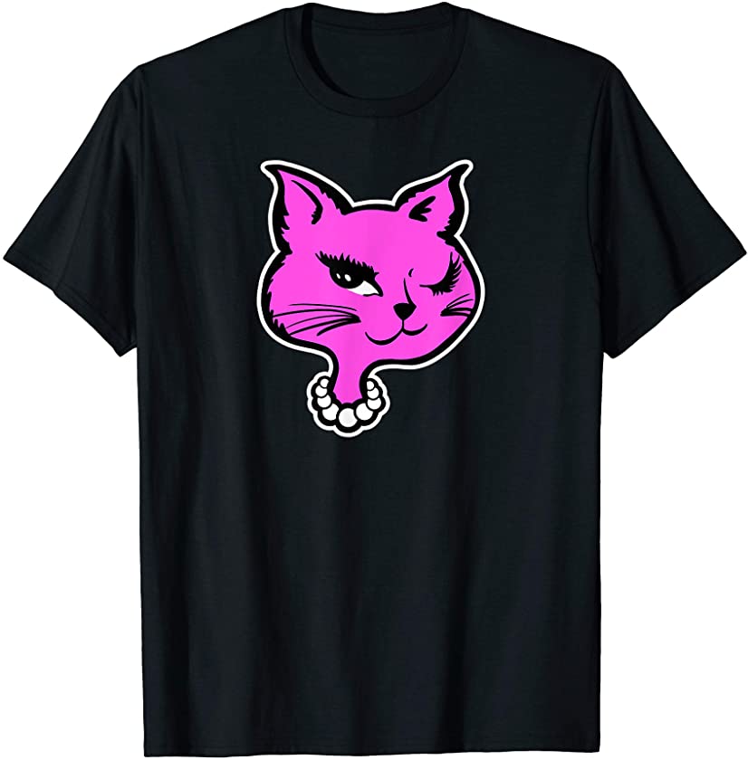 Winking Cat 90’s Aesthetic Winking Kitty Pink Cartoon Face T-Shirt