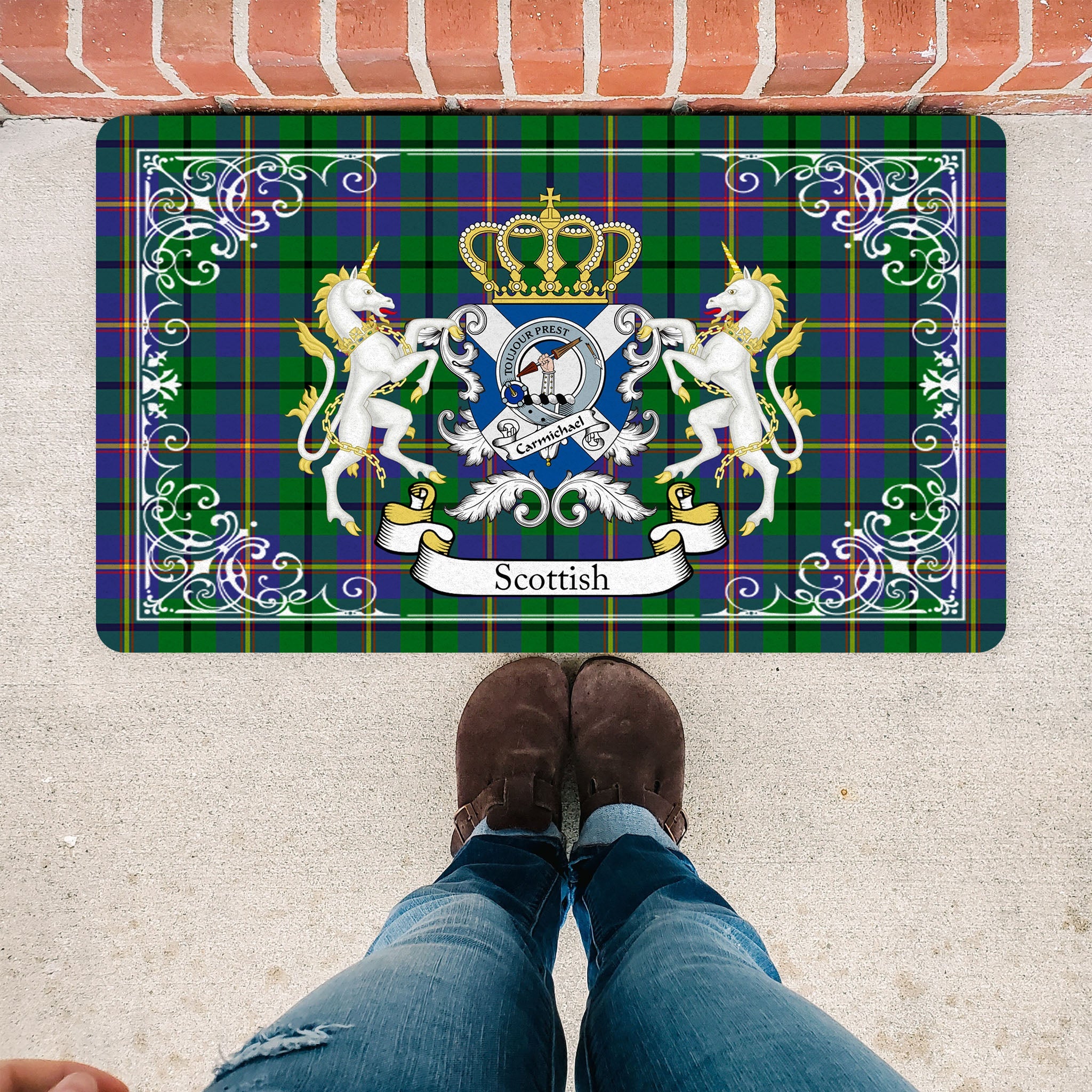 Scotstee Shop Tartan Door Mat Carmichael Clan Badge Tartan Scottish Plaid Doormat, Christmas Door Mat