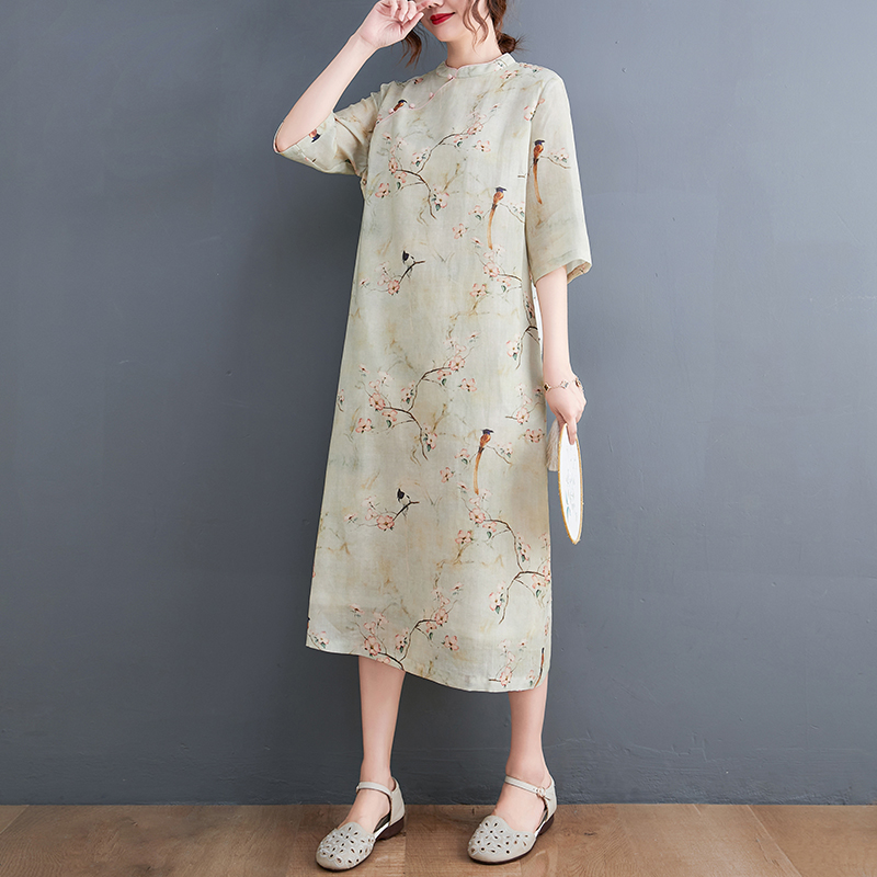 2022 New Thin Soft Loose Cozy Elegant Fashion Chinese Style Summer Dress Robes Plus Size Print Floral Women Casual Midi Dress alx