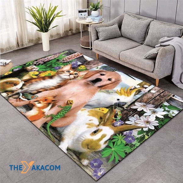 Dog Rabbit Cat Bird And Mouse Rectangle Area Rug Floor Decor