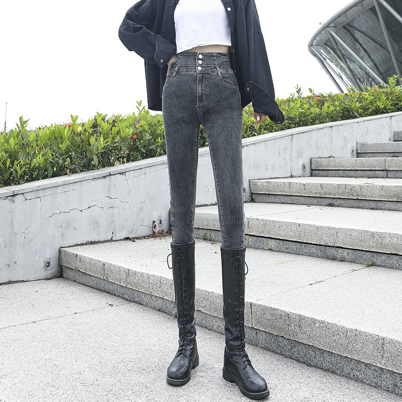 2022 Winter Fashion Women Korean stytle High Waist Skinny Jeans Vintage Elastic Cotton Denim Harajuku trend Pencil Pants Woman alx