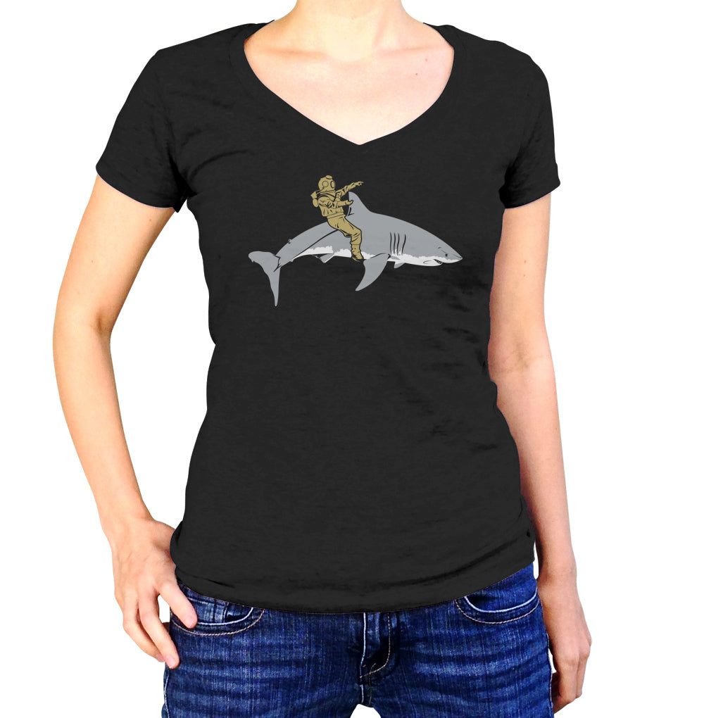 Women’S Diver Riding A Shark Vneck T-Shirt – By Ex-Boyfriend