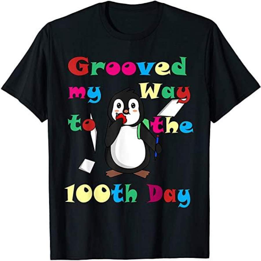 100 Days Of School Shirt Groovy Student Penguin Cute Animal 100Th Days Of School Gift T-Shirt Custom T Shirts Add Name Black Kids Toddler Adult Size S To 5Xl