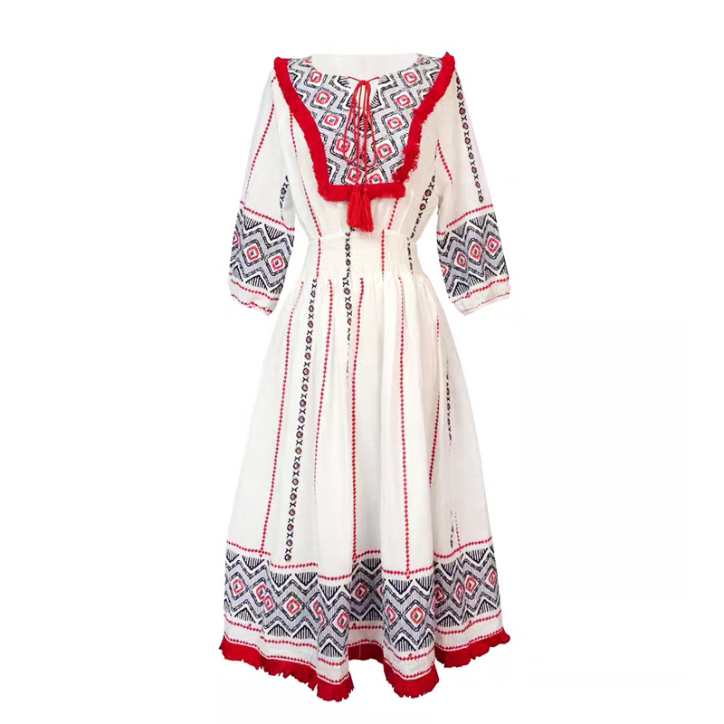 Autumn and winter Korean women’s ins retro ethnic style embroidered tassels seven-point lantern sleeves thin mid-length dress alx