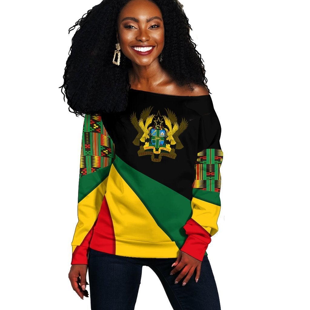 Wonder Print Shop Sweater – Ghana Flag Kente Women’S Off Shoulder Sweater – Bend Style