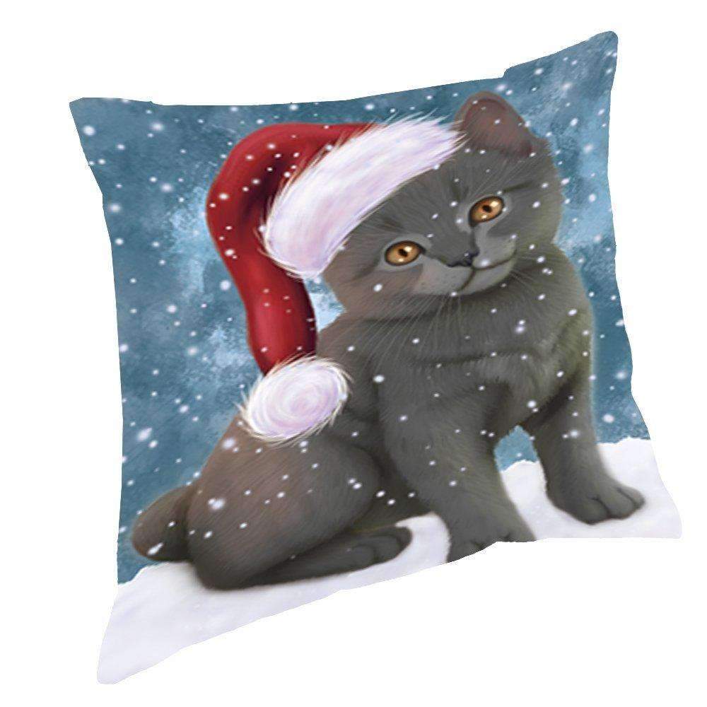 Let It Snow Christmas Holiday Chartreux Kitten Cat Wearing Santa Hat Throw Pillow D436