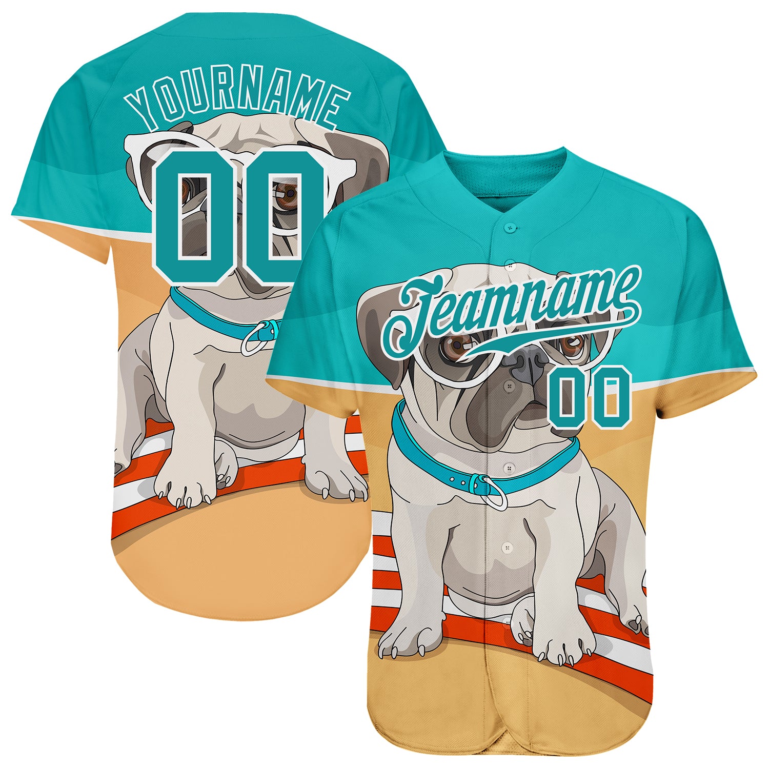 Custom Old Gold Aqua-White 3D Pattern Design Puppy Pug Authentic Baseball Jersey