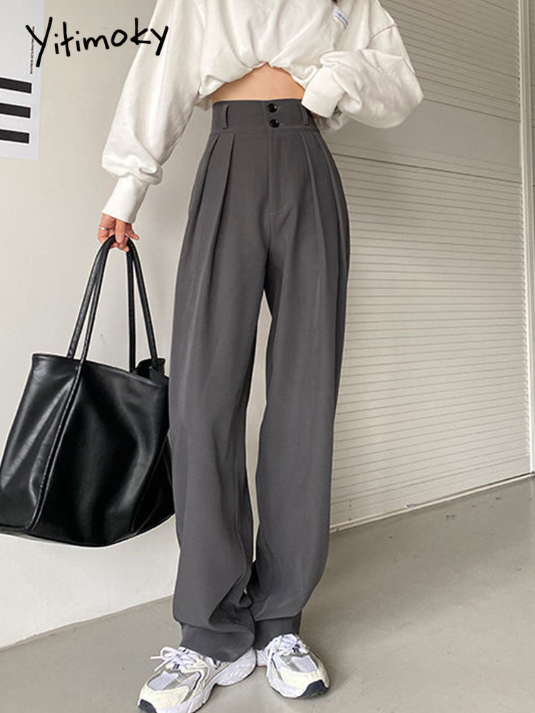 Yitimoky Woman Pants High Waisted 2 Buttons Pleated Trousers Baggies Full Length Office Ladies Work Black Gray Vintage Bottoms alx