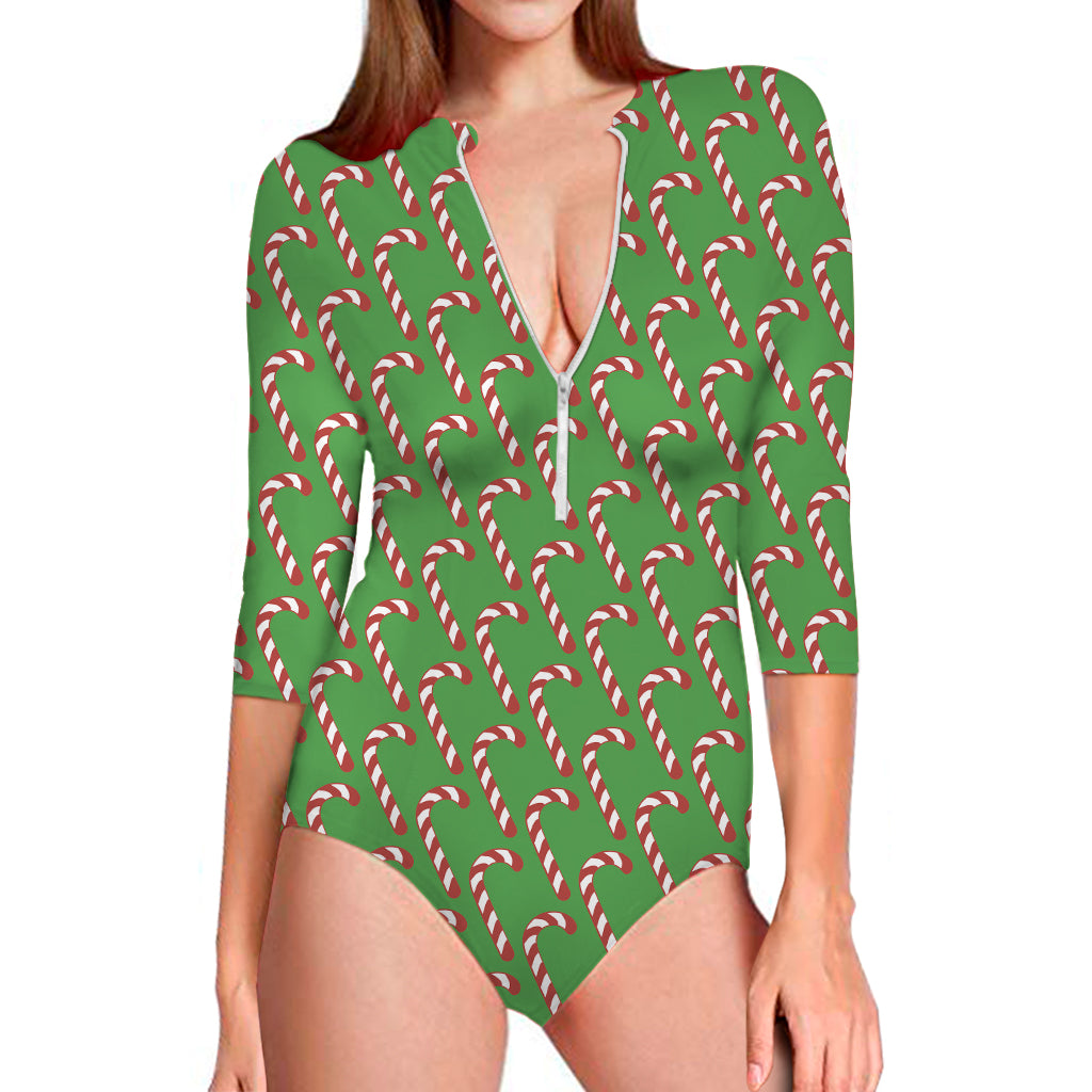 Merry Christmas Candy Cane Pattern Print Long Sleeve One Piece Swimsuit