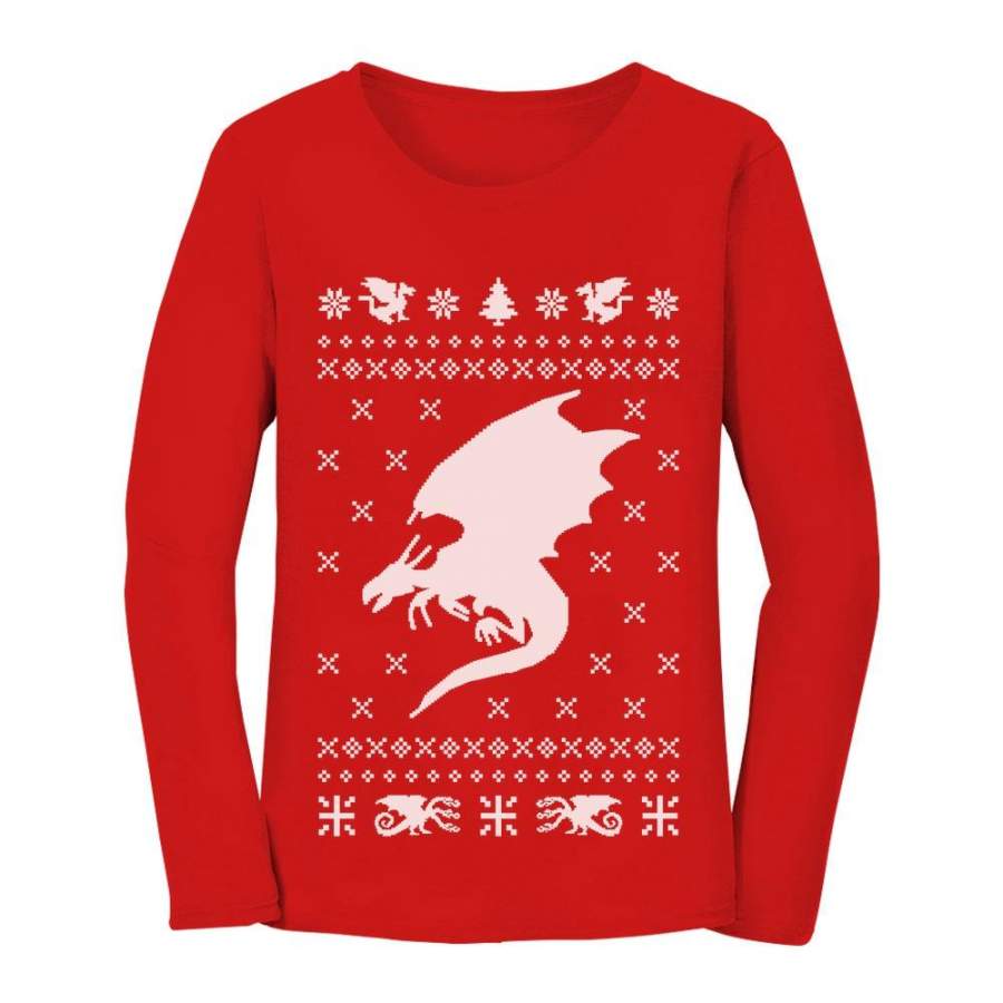 Big White Dragon Ugly Christmas Sweater Xmas Apparel Women Long Sleeve T-Shirt