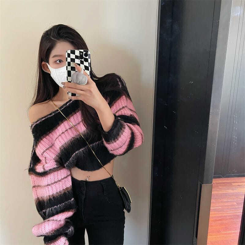 Sweet Cropped Pullovers Women Y2k Clothes Sueter Mujer Fashion Striped Knitted Sweaters Tops Korean Casual Jumper Pull Femme alx