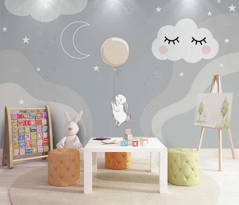 3D Cartoon Hand Drawn Grey Sky Moon Star Cloud Balloon Bunny Background Wall Mural Wallpaper Lxl