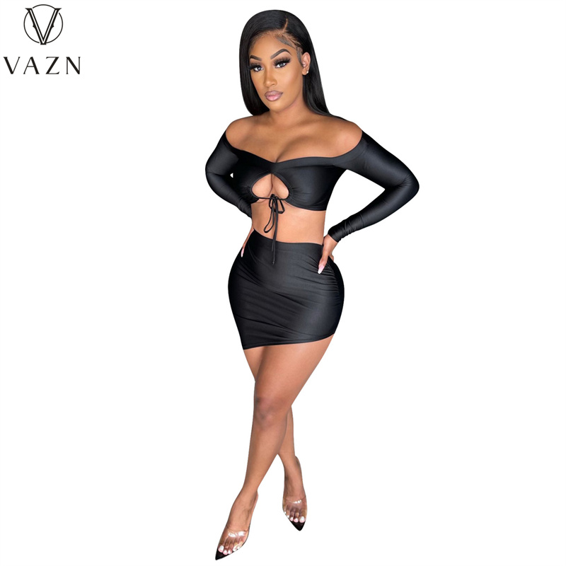 VAZN 2021 Early Autumn Black Open Beach Strapless Full Sleeve Bandage Top Mini Skirts High Waist Slim Women 2 Piece Set alx