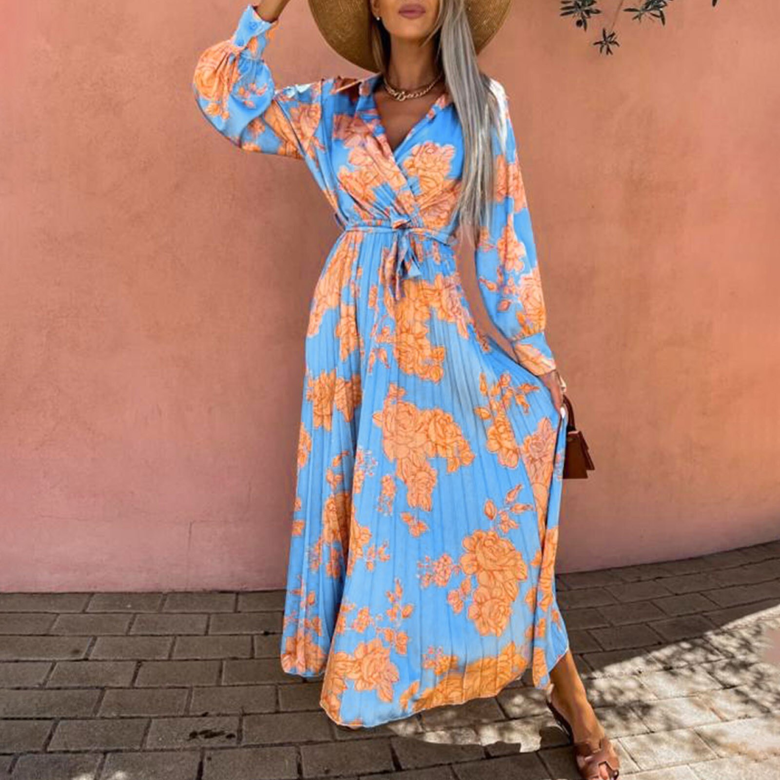 Women Party Dresses Casual Fashion V Neck Long Sleeve Print Pleated Dress Elegant Women’s Dresses For Party 2022 Vintage Vestido alx