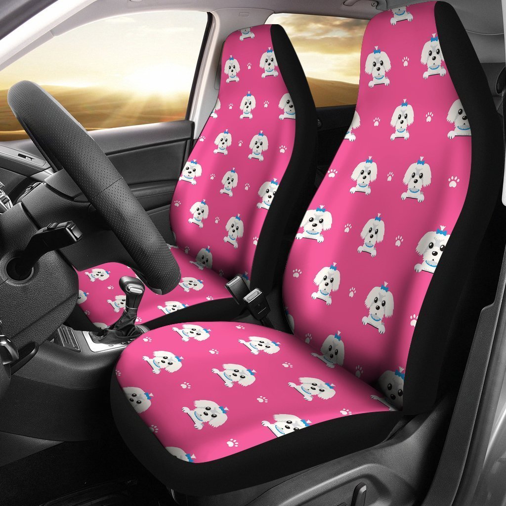 Dog Maltese Puppy Pattern Print Seat Cover Car Seat Covers Set 2 Pc, Car Accessories Car Mats