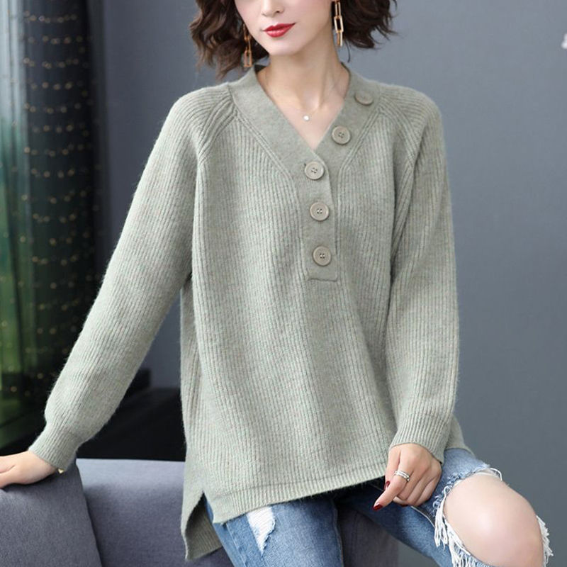 Autumn Winter Sweaters Casual Solid Single Breasted Pullovers Thick V-Neck Loose-fitting Women’s Clothing Comfortable 2022 New alx