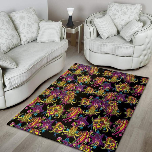 Black Skull Trippy Psychedelic Area Rug