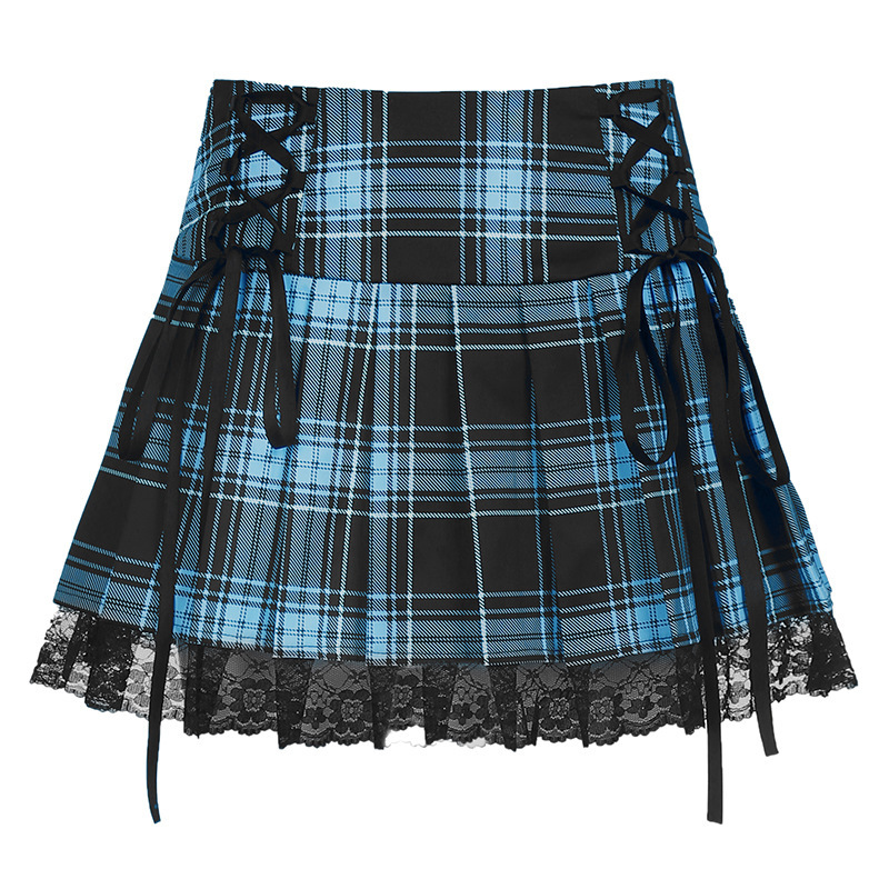 Sweetown Lace Up Goth Y2K Woman Skirts Pink Stripe Plaid Lace Trim Pleated Skirt Punk Dark Academia Aesthetic E Girl Clothes alx