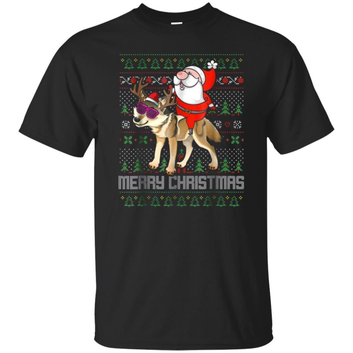 Buy Santa Riding Wolf Ugly Christmas Merry Xmas Gift Tshirt