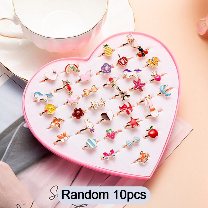 10pcs/Lot Kids Cute Cartoon Rings Candy Flower Animal Bow Ring Set Mix Finger Jewellery Rings Children’s Girls Toys Random Color alx