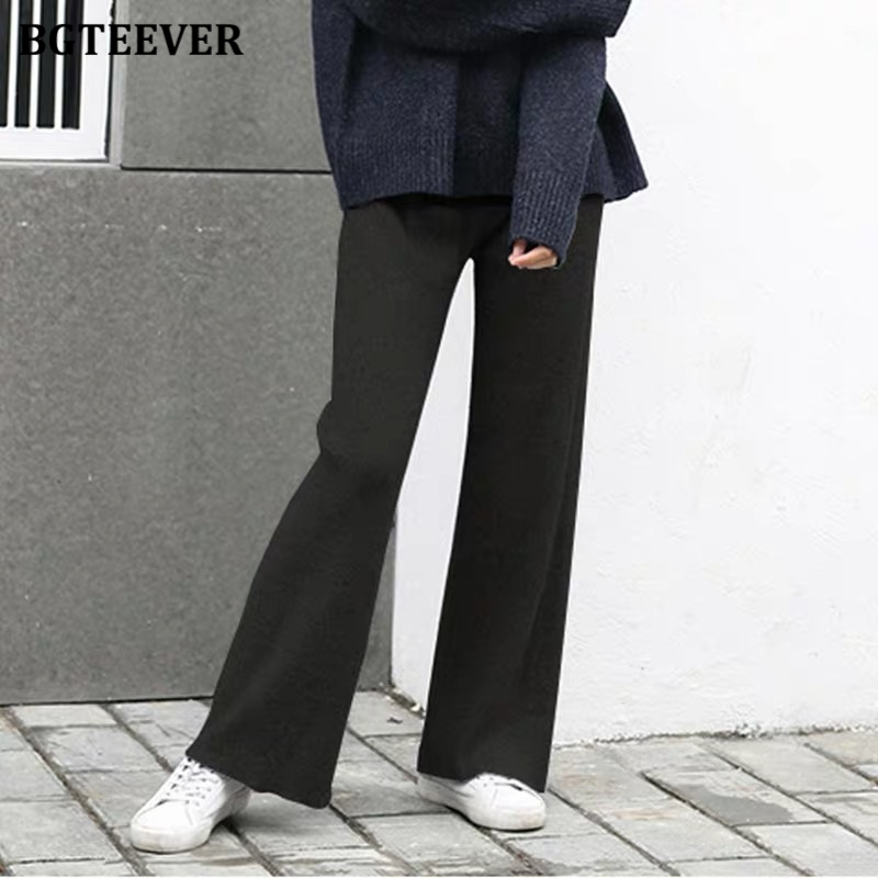 BGTEEVER Autumn Winter Women Thick pant Loose Elastic Waist Straight Leg Knitted Long Pant 2021 Ladies Casual Sweater Trouser alx