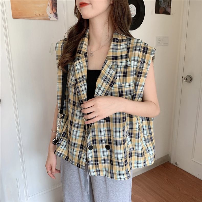 Vests Women Plaid Spring Slim Chic Preppy Style Fashion Students Pockets BF Vintage Casual Korean Hot Office Lady Popular Femme alx