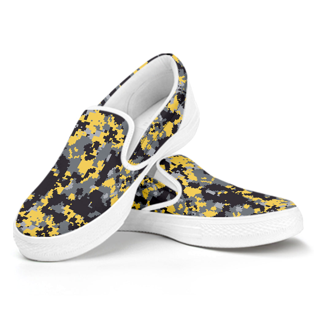 Yellow Black And Grey Digital Camo Print White Slip On Shoes