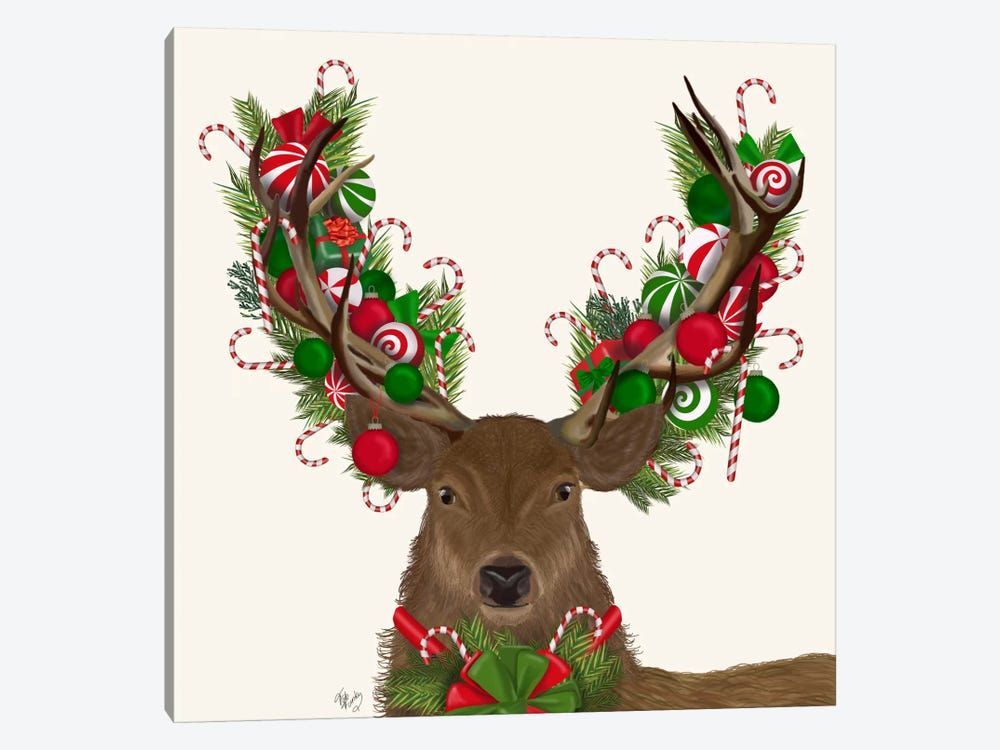 Deer, Candy Cane Wreath Canvas Poster 8″x12″ 12×18″ 18″x26″ 24″x36″ 30″x45″