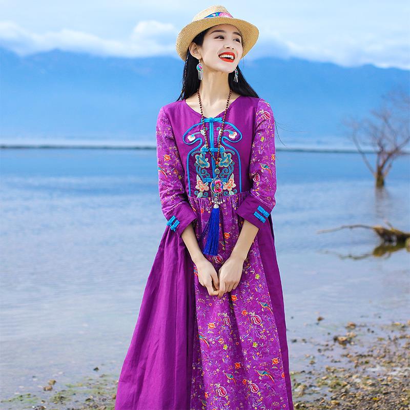 Vintage Ethnic Style Print Embroidered Long Sleeve Women Dress Purple Floral Robe Vestidos De Mujer Casual Plus Size 5XL Clothes alx