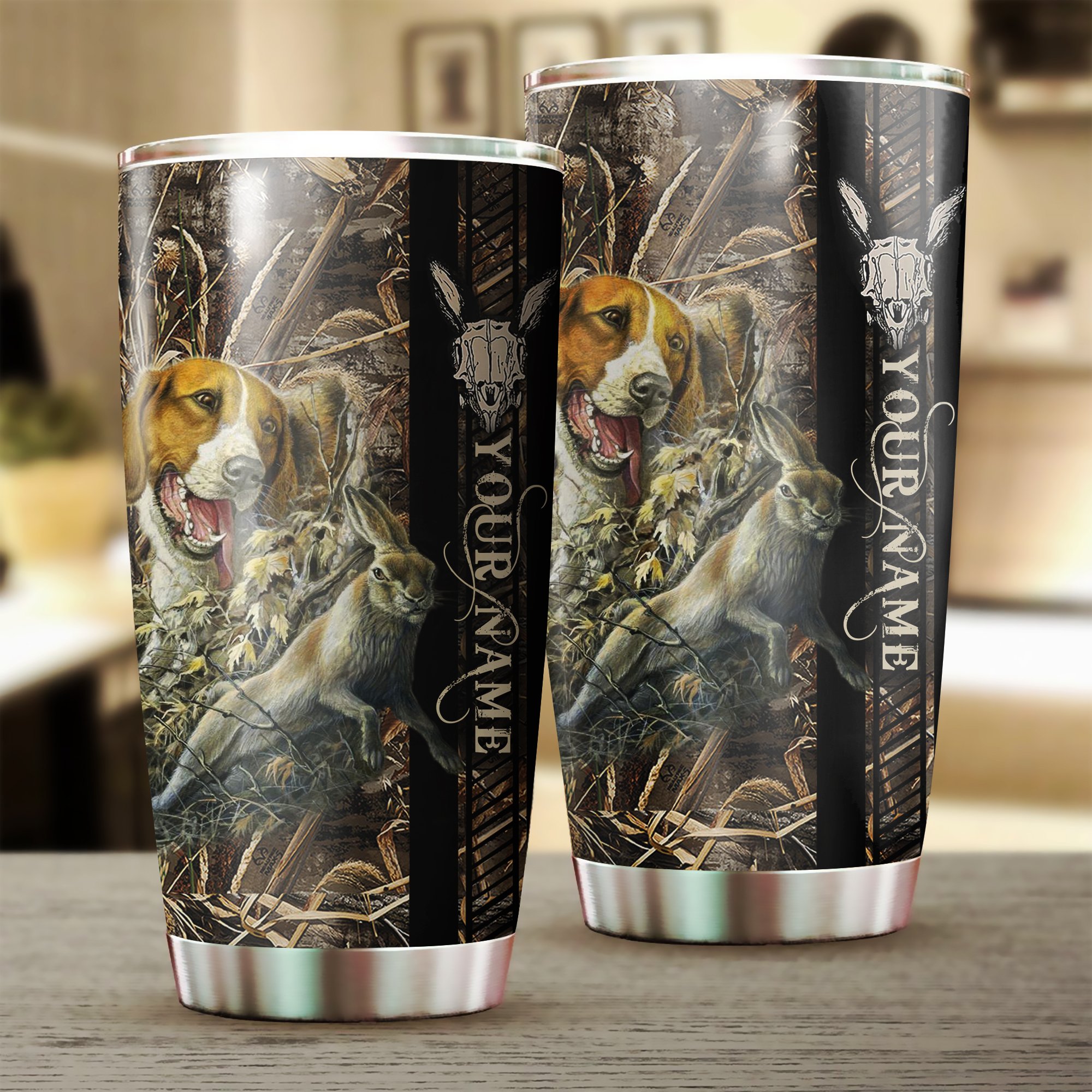 Rabbit hunting with Beagle camo Custom name Stainless Steel Tumbler Cup – Personalized Hunting gifts   FSD1571