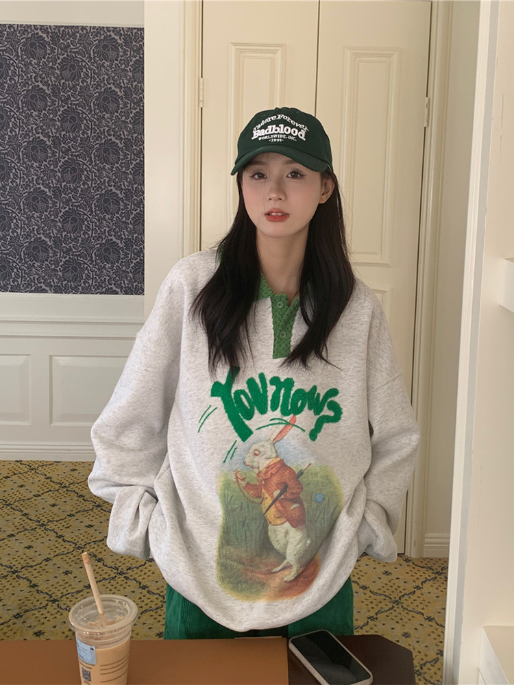 Spring Autumn Vintage Cartoon Print Polo Neck Sweatshirts Women Oversize Streetwear Korean Fashion Pullover Loose Top Hoodies alx