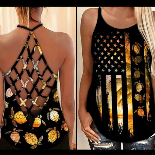 America Turtle Criss Cross Tank Top For Turtle Lovers, Gift For Her Gift For Turtle Lover Friend Tanktop And Legging, Animal Lovers