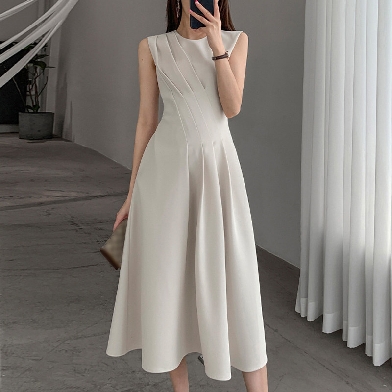 Vintage O-neck Woman A-line Dresses for Women Sleeveless Slim Waist Female Solid Dress Elegant Ladies Midi Vestidos Summer 2022 alx