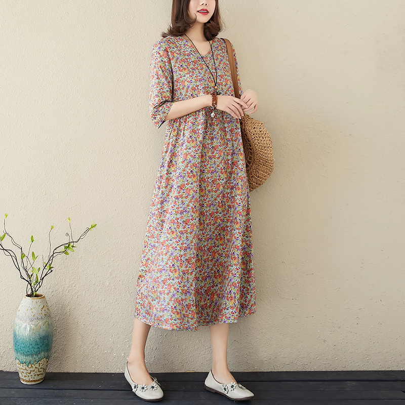 Uego V-neck Print Floral Prairie Chic Vintage Dress Soft Cotton Linen Short Sleeve Loose Summer Dress Women Holiday Casual Dress alx