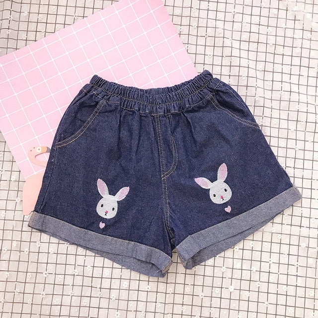 Jean Vintage Embroidery Bunny Cartoon Casual Teenager Boho Denim Wide Leg Shorts