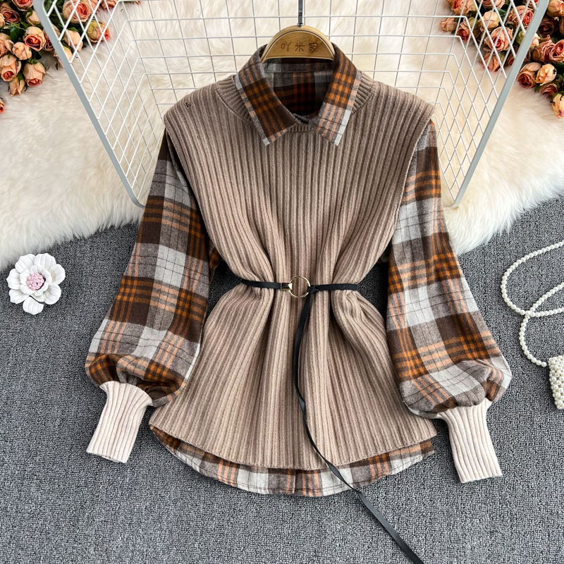 Sleeveless Sweater Vests 2 Piece Sets Women Casual Vintage Long Sleeve Plaid Shirts And Knitted Waistcoats Suits Tops With Belts alx