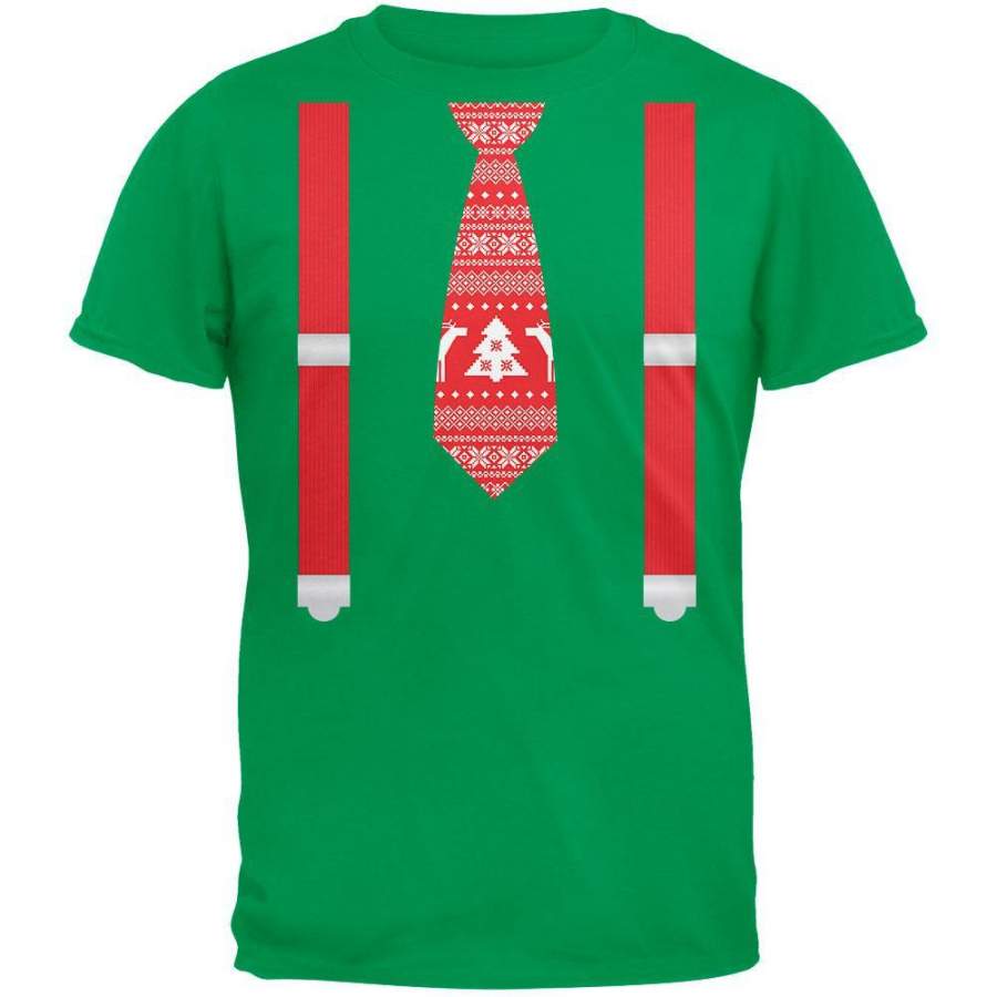 Ugly Christmas Sweater Tie With Suspenders Green Adult T-Shirt